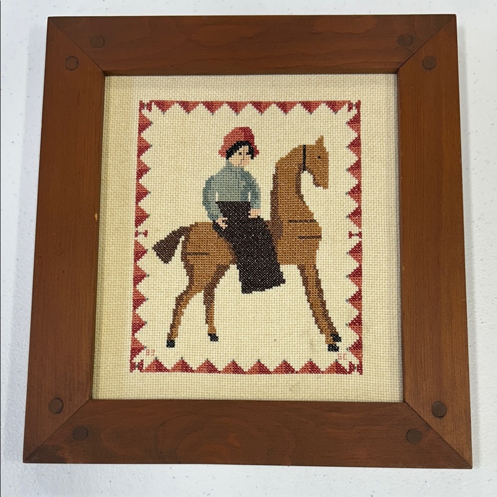 Framed Cross Stitch Art with Horse and Rider